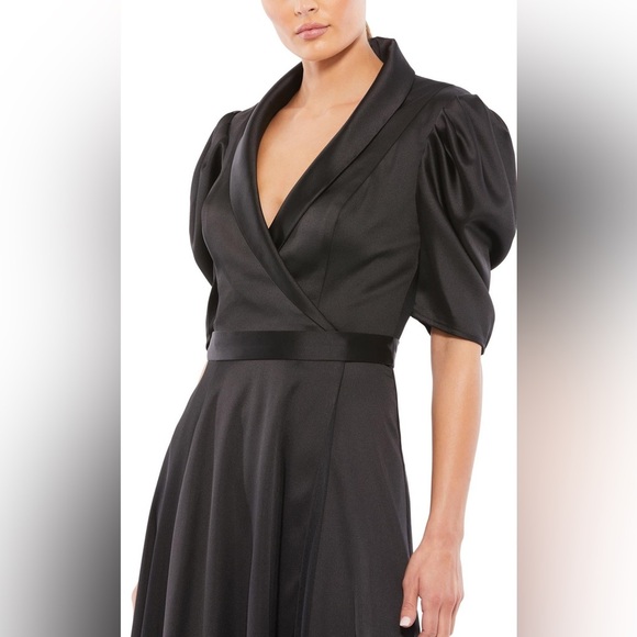NWT Mac Duggal Black Puff Sleeve V-Neck Satin Collared A-line Midi Dress, size 0 - Picture 3 of 11